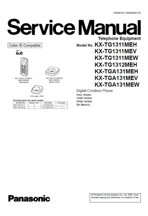 KX-TG1311MEH, KX-TG1311MEV, KX-TG1311MEW, KX-TG1312MEH